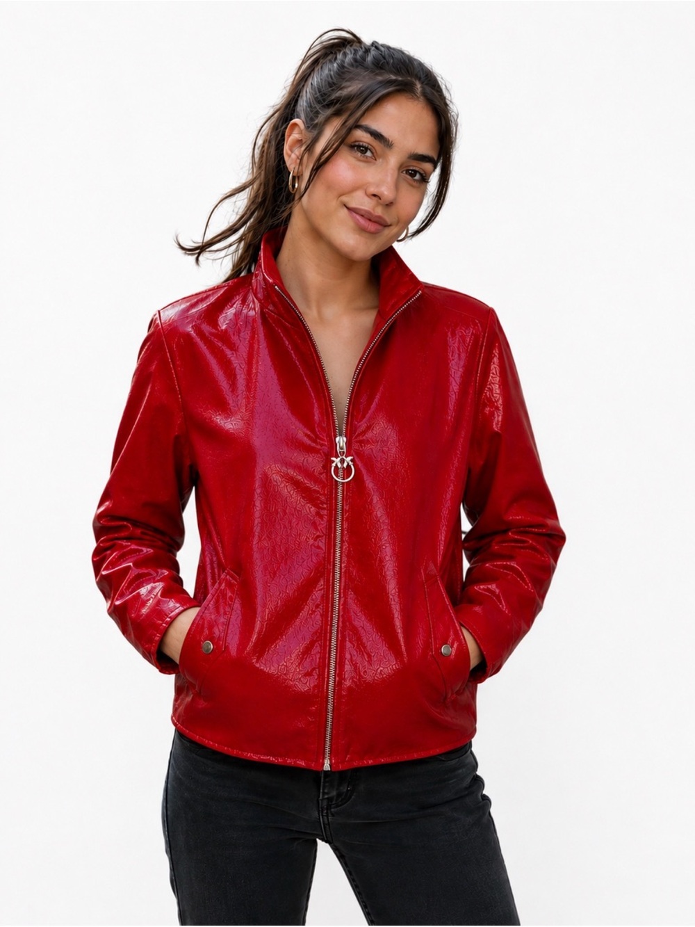 Pinko Vibrant Red Zip-Front Patent-Look Leather Jacket